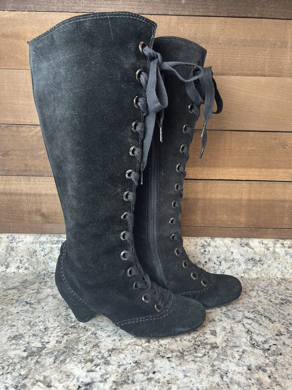 Corso Como Lolita Black Suede Lace Zip Up Boots Brazilian Size 6 Witchy Goth